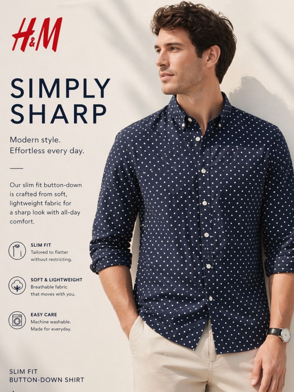 H&M Navy Polka‎ Dot Slim Fit Shirt xl